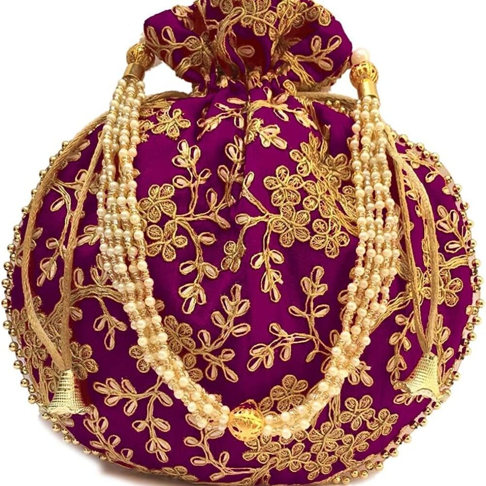 Potli Bag For Women With Intricate Gold Thread & Sequin Ethnic Designer Embroide